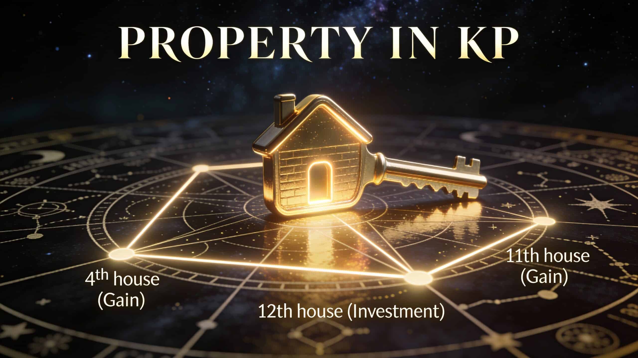 Photorealistic 3D render of a glowing golden house key on an ancient astrological chart with 4th, 11th, and 12th house connections highlighted in a dark nebula background.