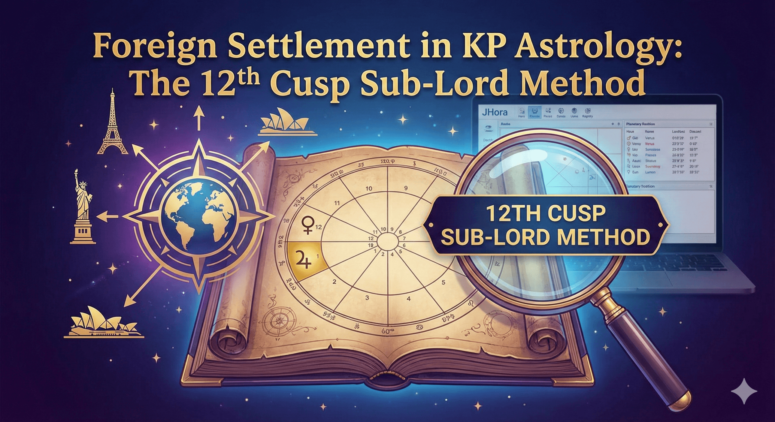 Digital illustration titled "Foreign Settlement in KP Astrology: The 12th Cusp Sub-Lord Method". A magnifying glass focuses on a banner reading "12TH CUSP SUB-LORD METHOD" positioned over an antique open book displaying a South Indian astrological chart with the 12th house highlighted. To the left, a compass rose with a central globe points towards landmarks like the Eiffel Tower, Statue of Liberty, and Sydney Opera House. In the background, a laptop displays the interface of JHora astrology software. The overall color scheme is deep blue and gold with a starry backdrop.