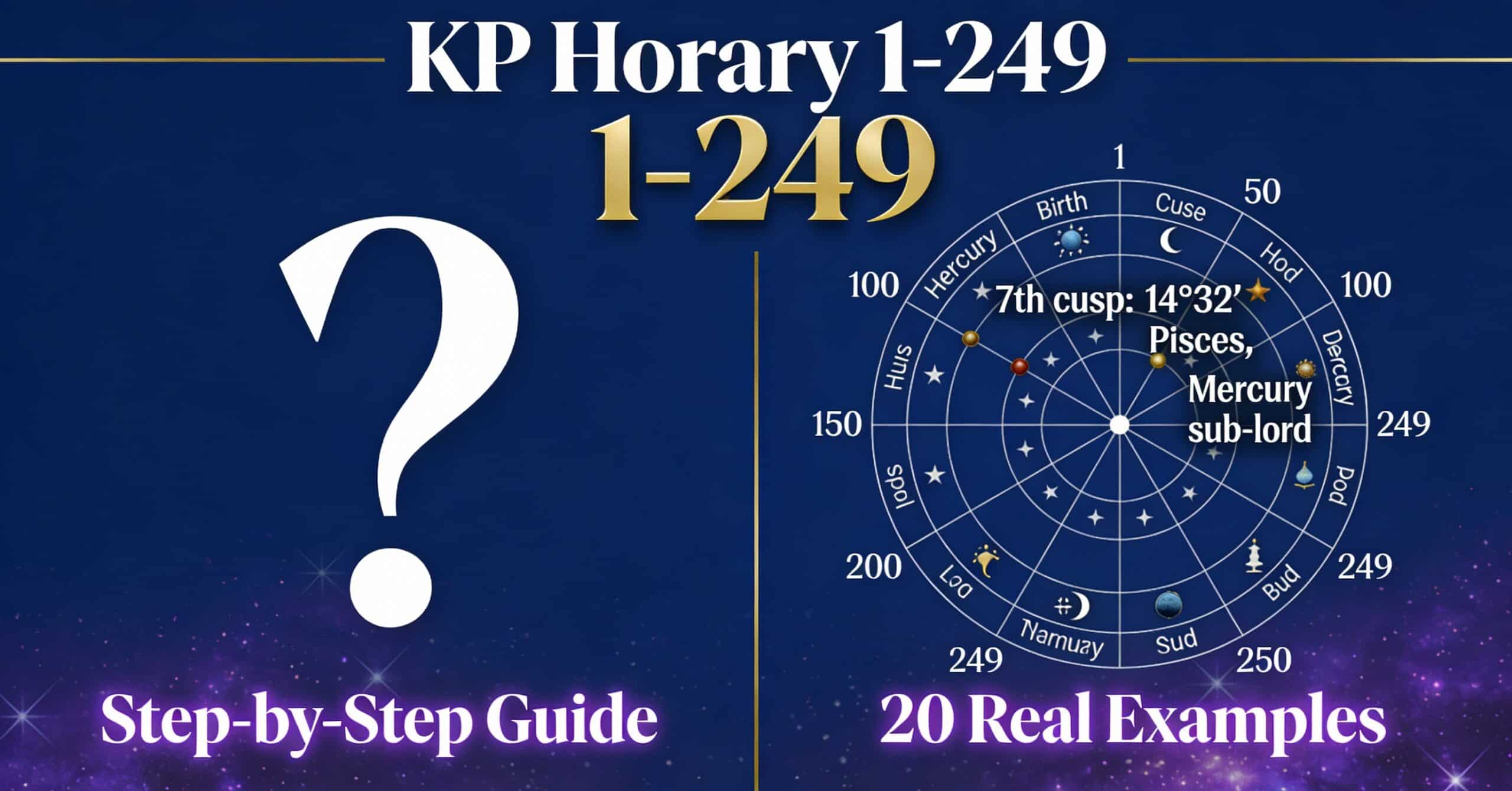 KP horary 1-249 chart showing ascendant position, house cusps, sub-lords, and planetary positions for horary question interpretation and prediction