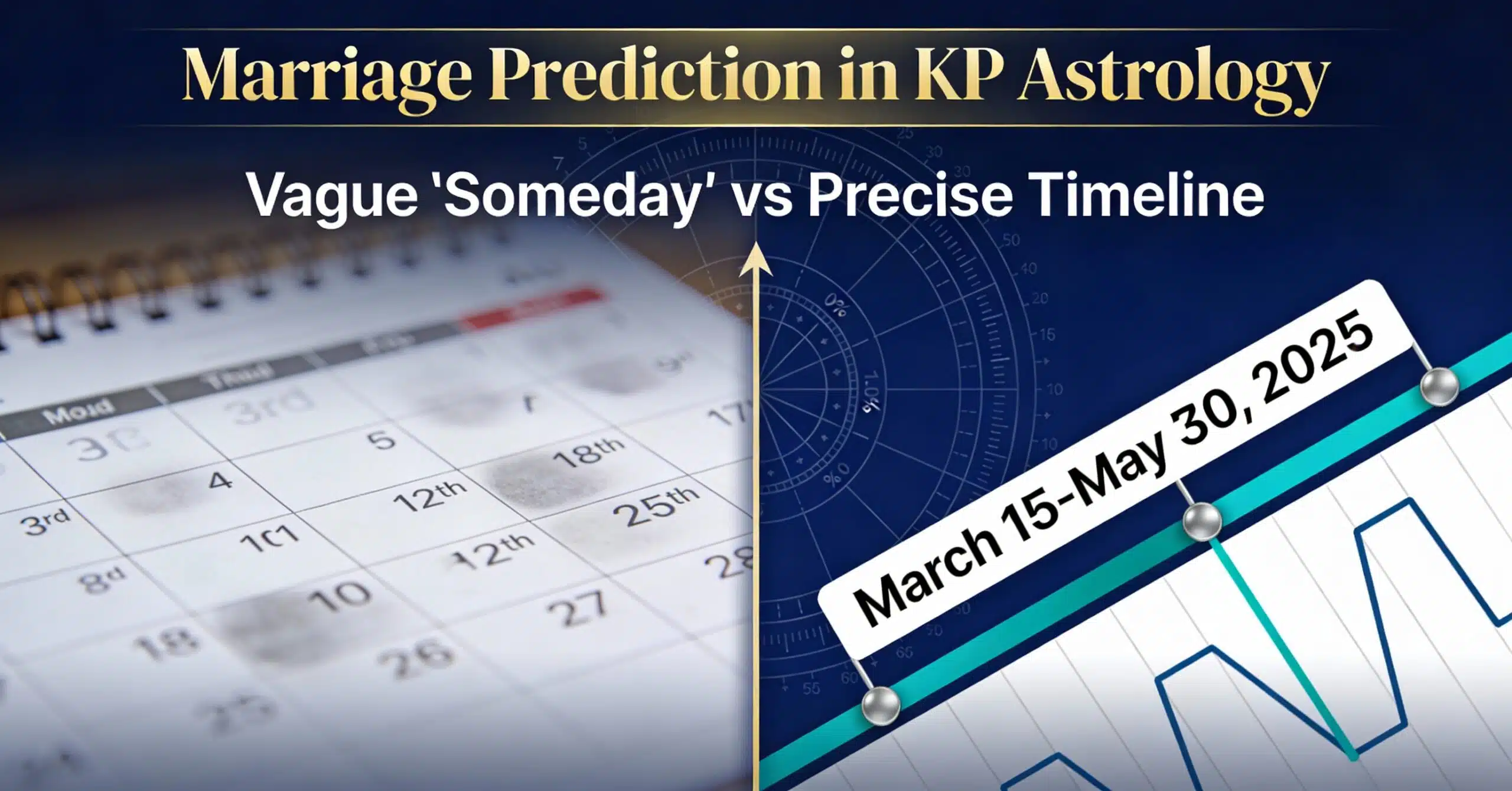 Marriage prediction in KP astrology comparison showing vague Vedic calendar dates (blurred, 2-3 years) versus precise KP Dasha timeline (March 15-May 30, 2025) with professional split-screen chart design demonstrating timing accuracy difference