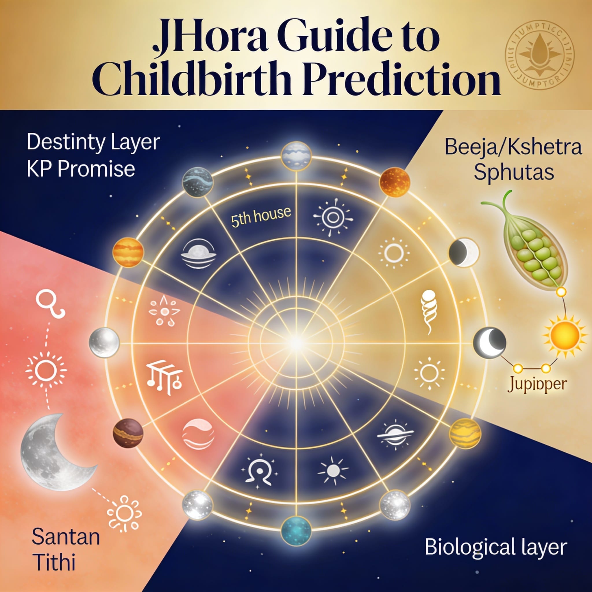 JHora childbirth prediction guide featuring KP astrology three-layer diagnostic framework: 5th Cusp Sub-Lord destiny analysis, Beeja and Kshetra Sphuta biological assessment, and Santan Tithi karmic evaluation with birth chart visualization