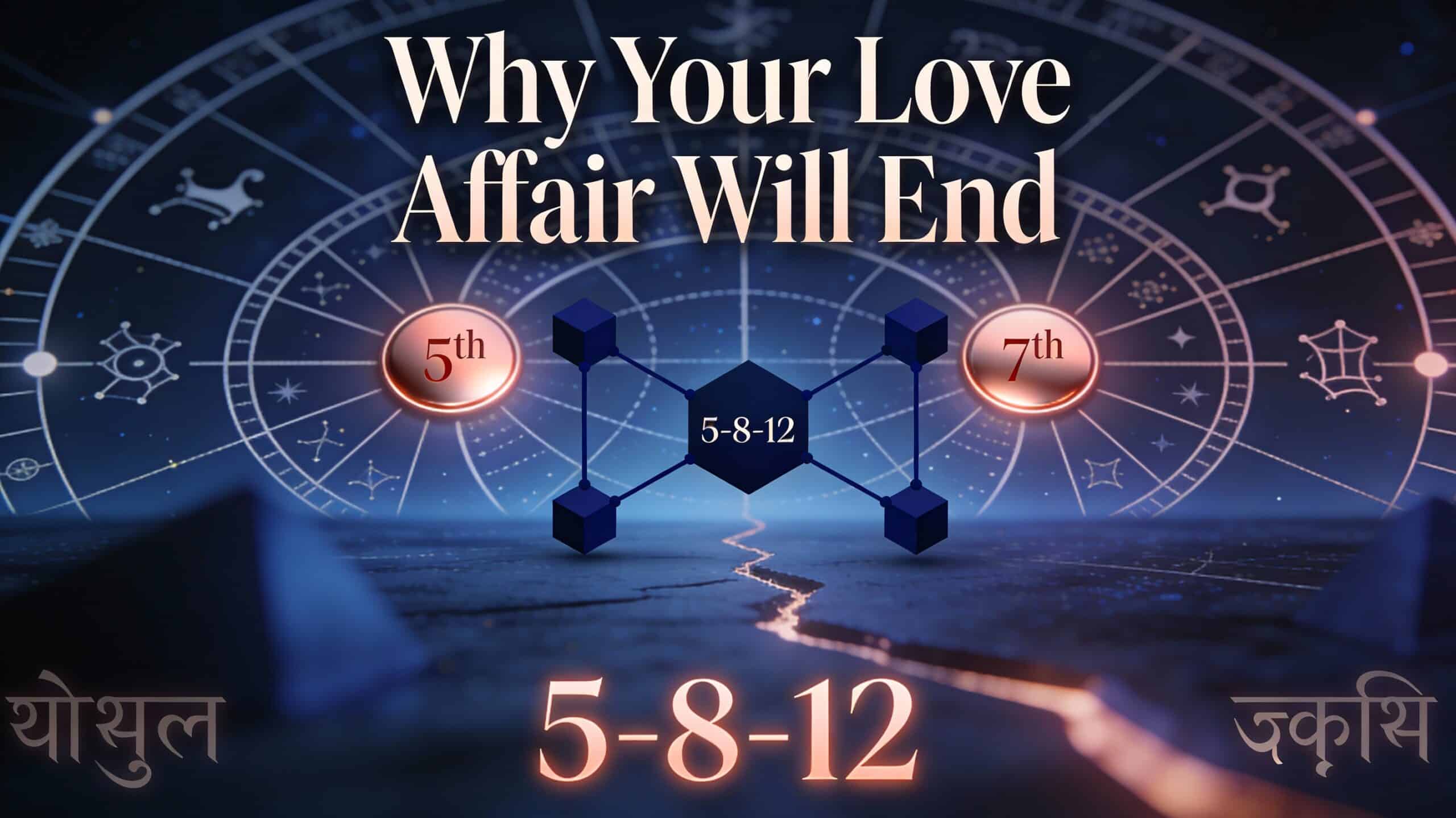 KP astrology 5-8-12 formula chart showing love affair breakup prediction with 5th and 7th house cusps highlighted in birth chart wheel