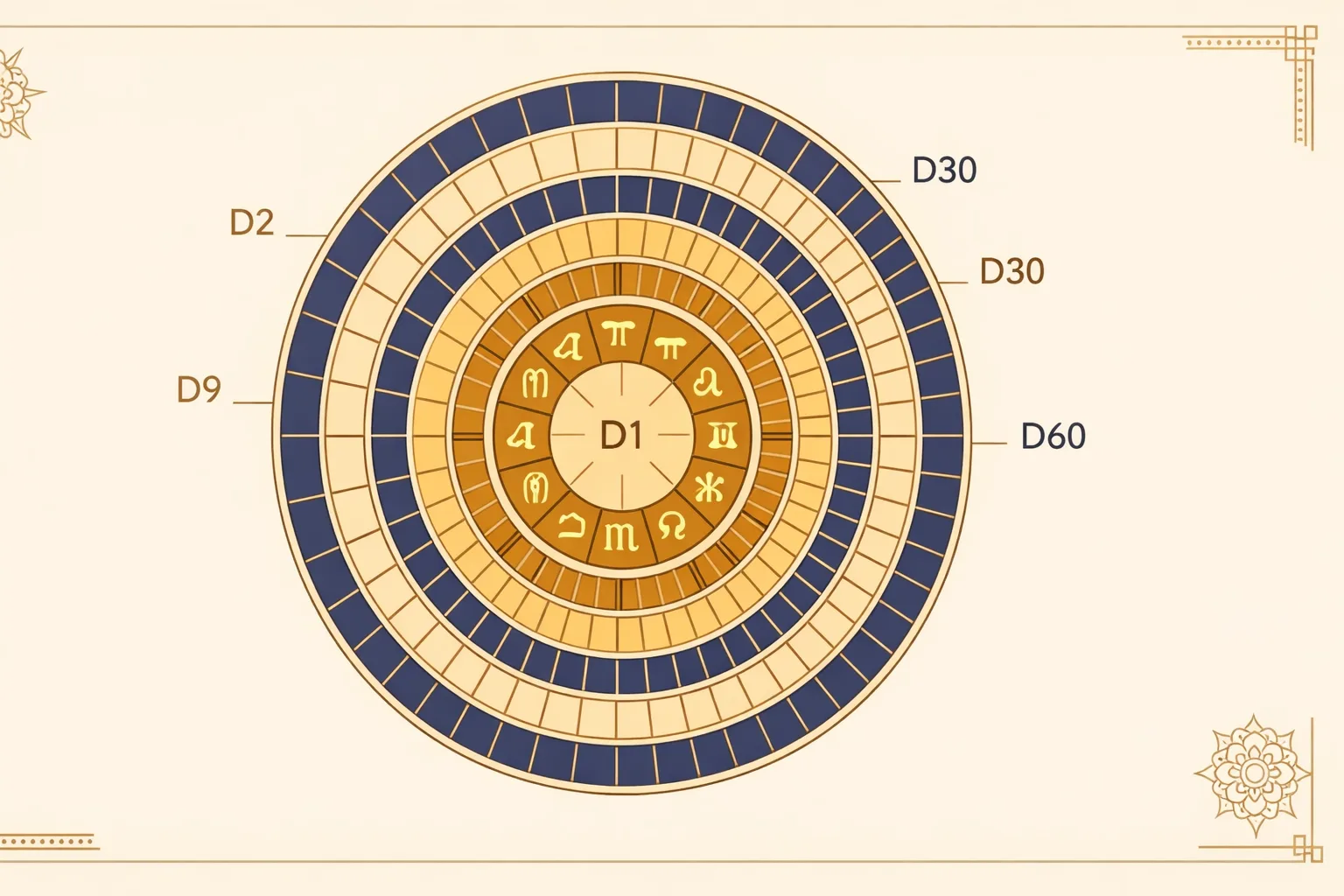 Divisional charts in Vedic astrology showing how one zodiac sign subdivides into D2, D9, D30, and D60 vargas